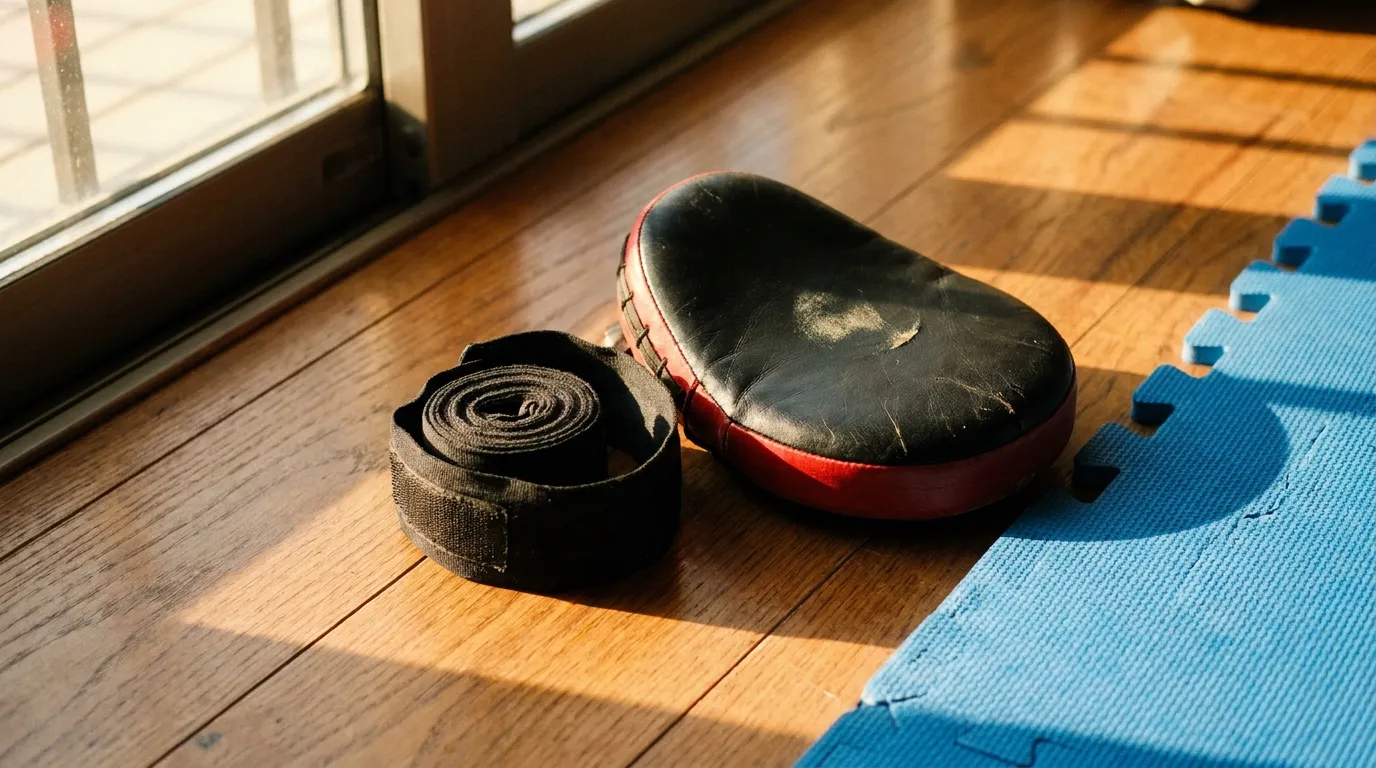 Hand wraps and a focus mitt on the training floor at 805 Combat Sports in Simi Valley